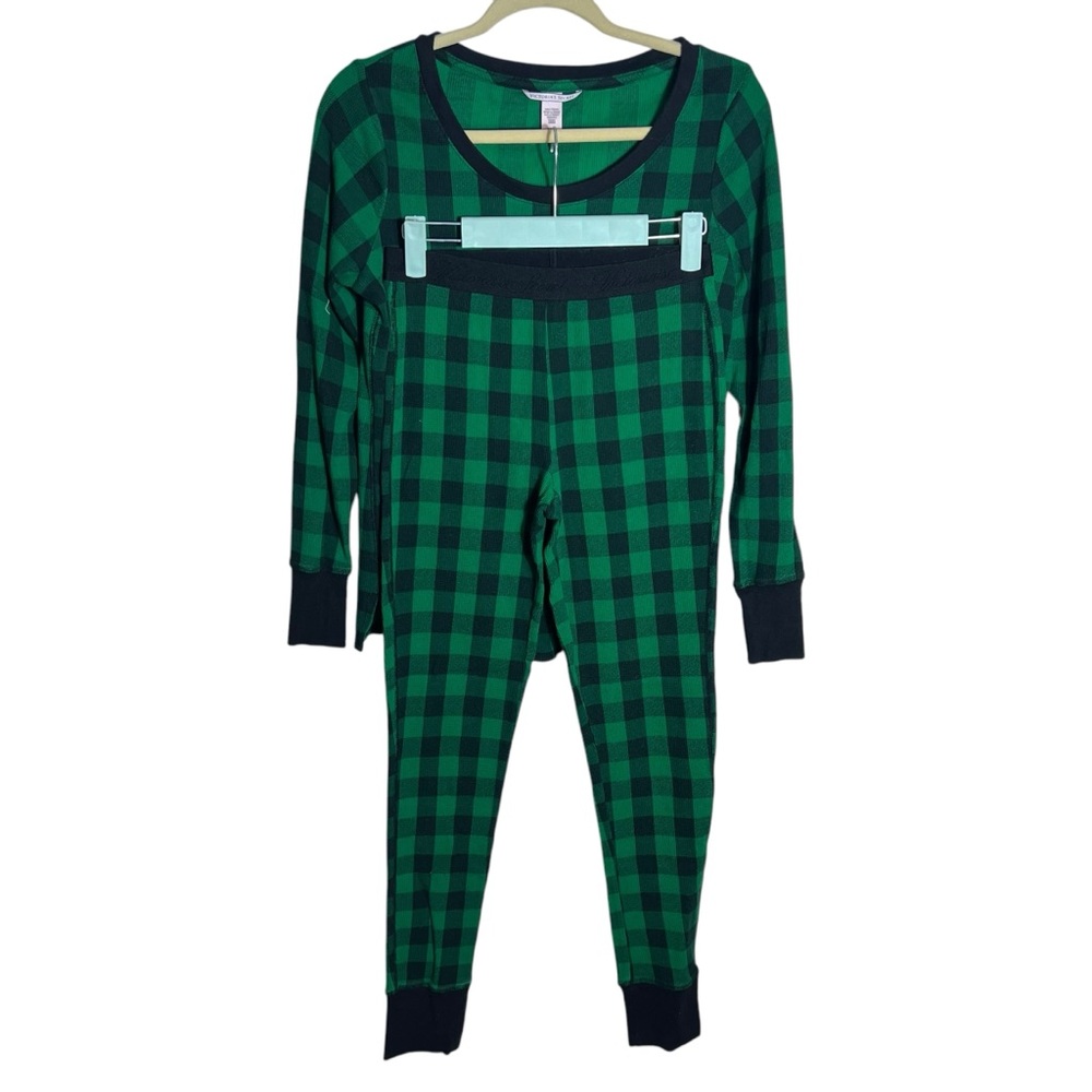 Victoria’s Secret 2-Piece Thermal Pajama Set Green Black Plaid • Size S